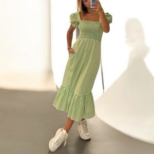 HVN Smocked Former Square Neck Shirred Green White Gingham Poplin Maxi Dress 0
